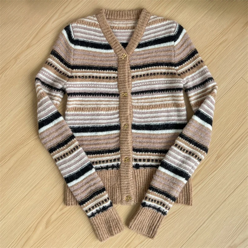 Cardigan for women 2024 autumn new in outerwears Fashion button V-neck stripe long sleeved top Elastic knit slim mohair knitwear