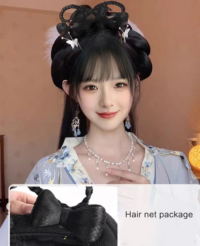 Imagen 2 del producto AS peluca antigua china para mujer, pelucas Hanfu, tocado, fotografía, accesorio de baile, pelucas negras para mujer, moño de pelo integrado