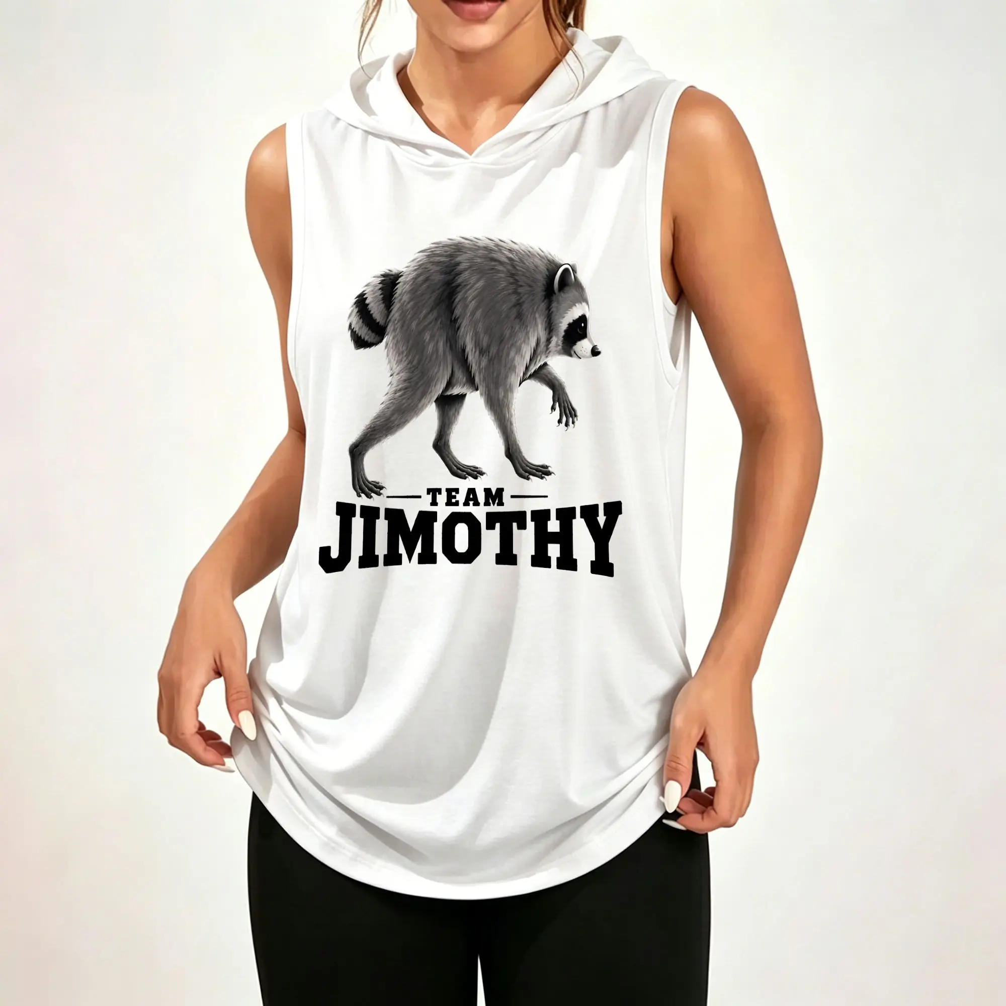 Women's Sleeveless Hoodie, Team Jimothy Raccoon Black White Sport Letter Graphic Print Casual Hooded Tank Top