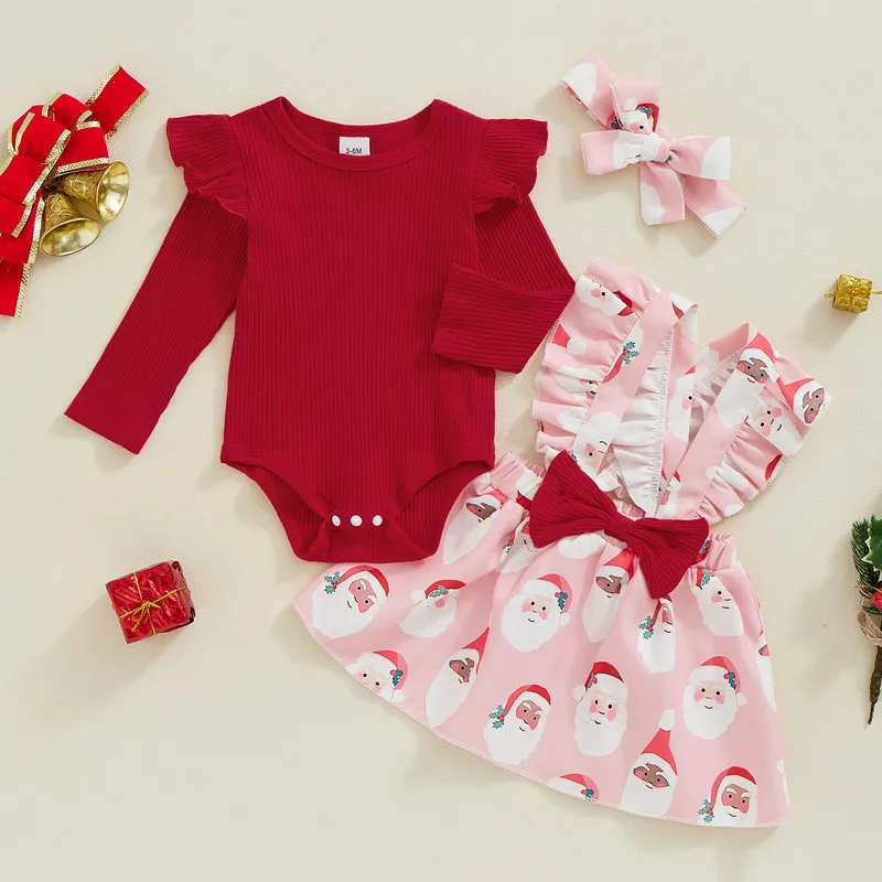 RUEWEY 0 to 18 Months Baby Girls Christmas Skirt Sets Long Sleeve Bodysuit+ Bow Suspender Skirt + Headband Set Newborn Clothes