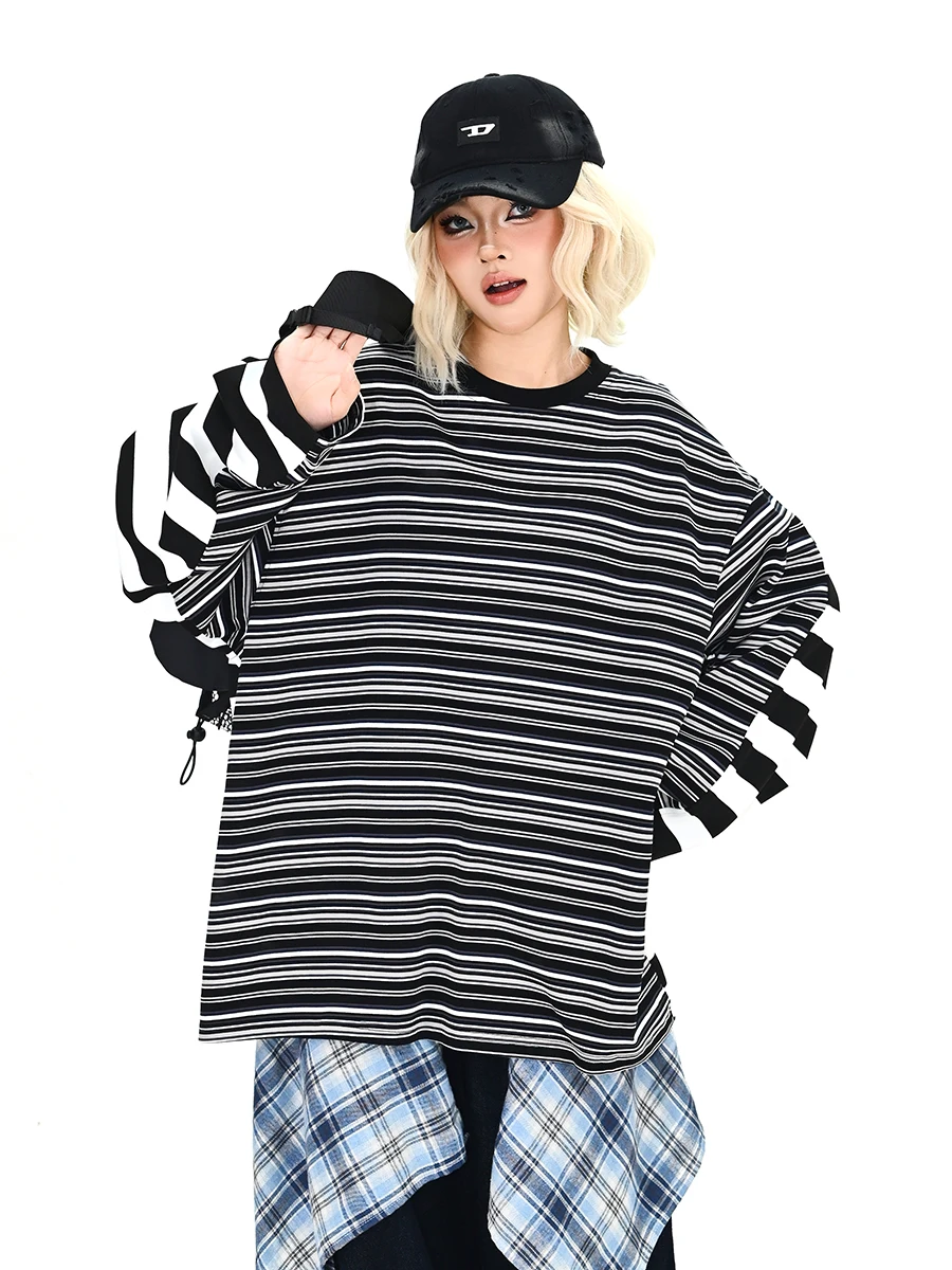

Striped Patchwork Long Sve T-irt Women's Loose BF American Lazy Spring New Sle Couple's irt Street Sle round Ne
