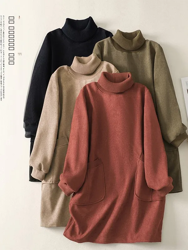 

plus Size Women's High Collar Long Sve Fce Lined Thi Warm Base Layer Dr A-Line Skirt Sle Comfortable Inner Wear