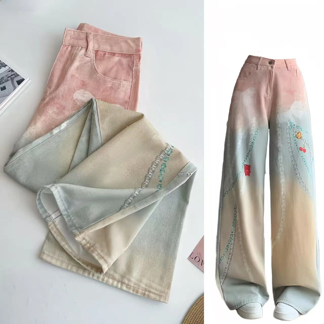 

Новые осенние женские джинсы с принтом, повседневные, с высокой талией, свободного кроя, прямые, широкие штанины, длинные, для работы и повседневной носки