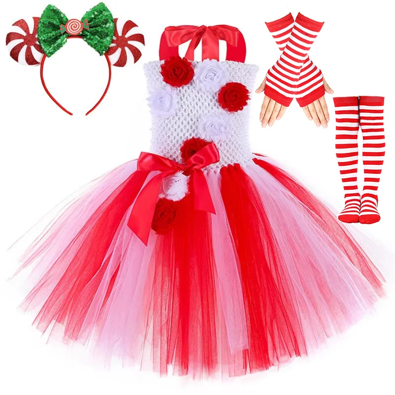 

Рождественские костюмы ярких тростей для девочек, рождественское карнавальное платье-пачка с бантом, чулки, детский новогодний наряд, праздничная одежда