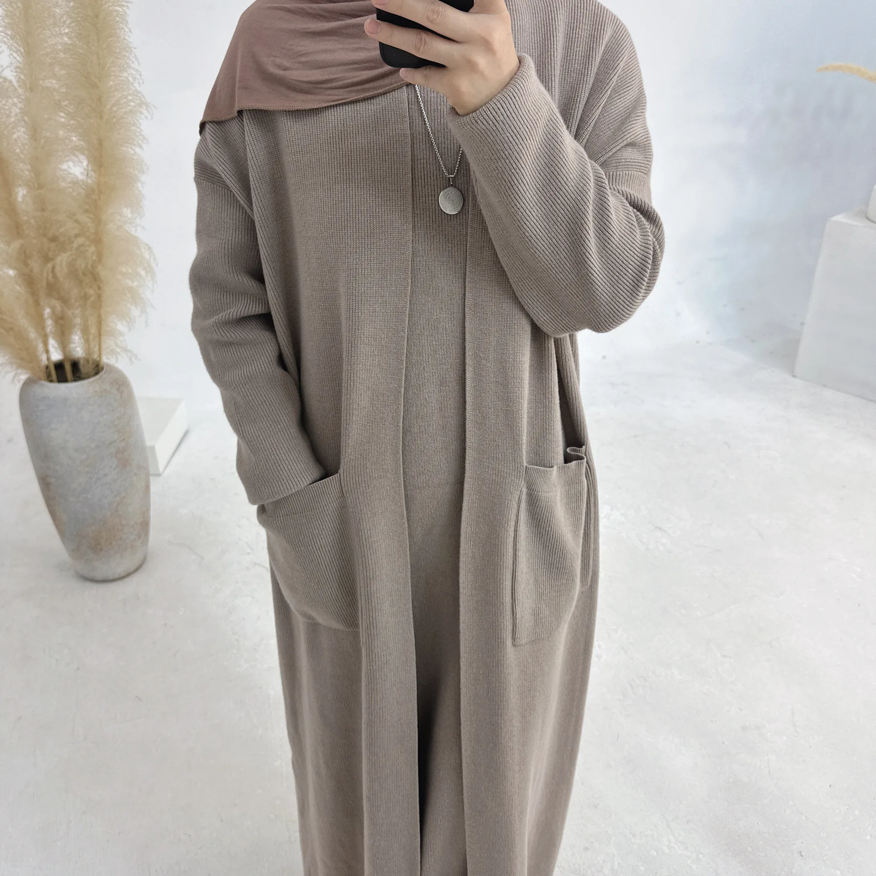 Winter Knitted Muslim Set for Women Thick Kimono Cardigan with Inner Dress Suit Dubai Abaya Kaftan Ensemble Morocco Outfits Robe