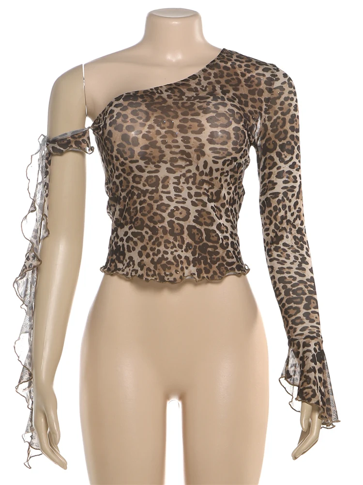 غريب سنور مثير ليوبارد كشكش المحاصيل الأعلى المرأة واحدة الكتف الدانتيل متابعة أنيقة البرية هوتي الشارع منتصف الليل نادي تمتد سليم تي شيرت