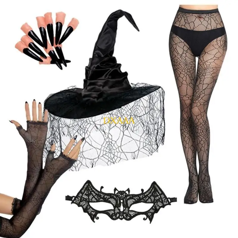 DXAA Hallowee Witch Costume Accessories Set Black Spiders Web Veil Hat Gloves Mask Adult Cosplay Witch Outfit For Cosplay