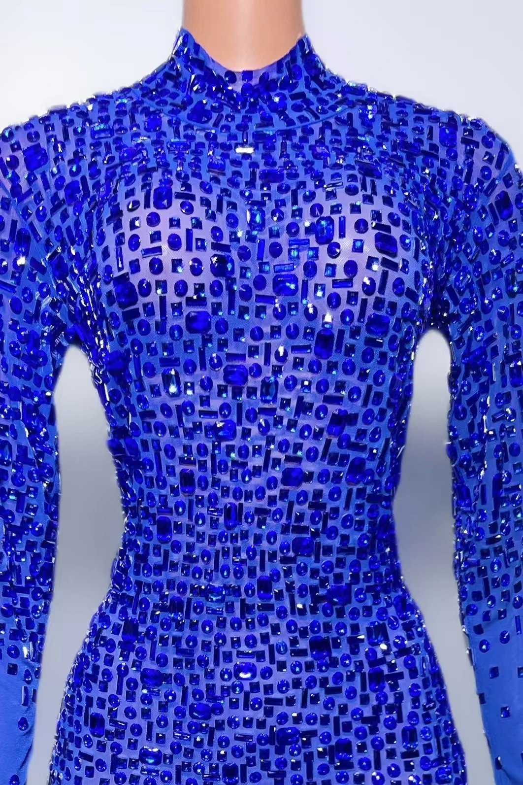 Kostum Panggung Seksi Pakaian Bermain Berlian Imitasi Penuh Jumpsuit Lengan Panjang Pakaian Peragaan Busana Malam Bodysuit Pemotretan Wanita Gesebei