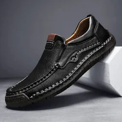 2024Natural Leather Shoes Men Loafers Waterproof Autumn Casual Shoes Flats Anti-slip Rubber Breathable Comfort Walking Men Shoes