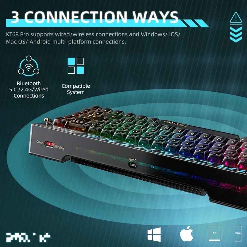 Kt68 Pro Mechanisch Toetsenbord Met Scherm 3-Mode Usb/2.4G/Bluetooth Draadloos Toetsenbord Hot-Swap Ttc Kailh Switch Rgb Voor Pc Laptop