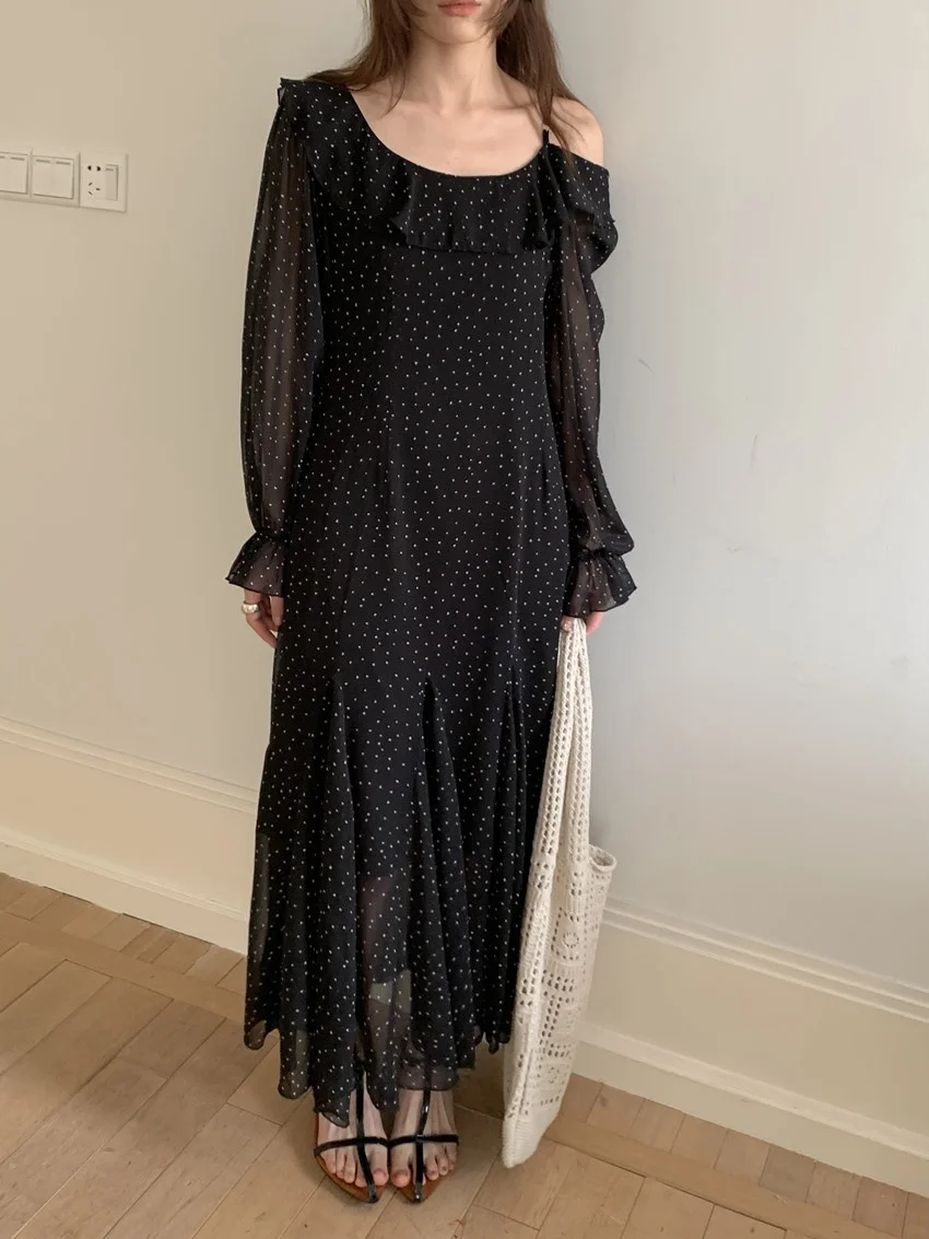

Alien Kitty Vintage Off Shoulder Women Long Dress Slim Spring Causal Sweet 2025 Dots OL New Loose Full Sleeve Chic Elegant