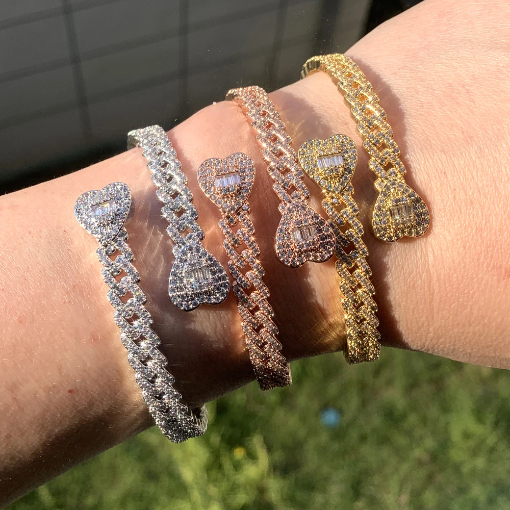 Iced Out Cuff Bangle Paved Setting Bling Cz Cubic Zirconia Wrist Cuban Chain Link Bransoletki Moda Hip Hop Biżuteria dla kobiet — zdjęcie 7