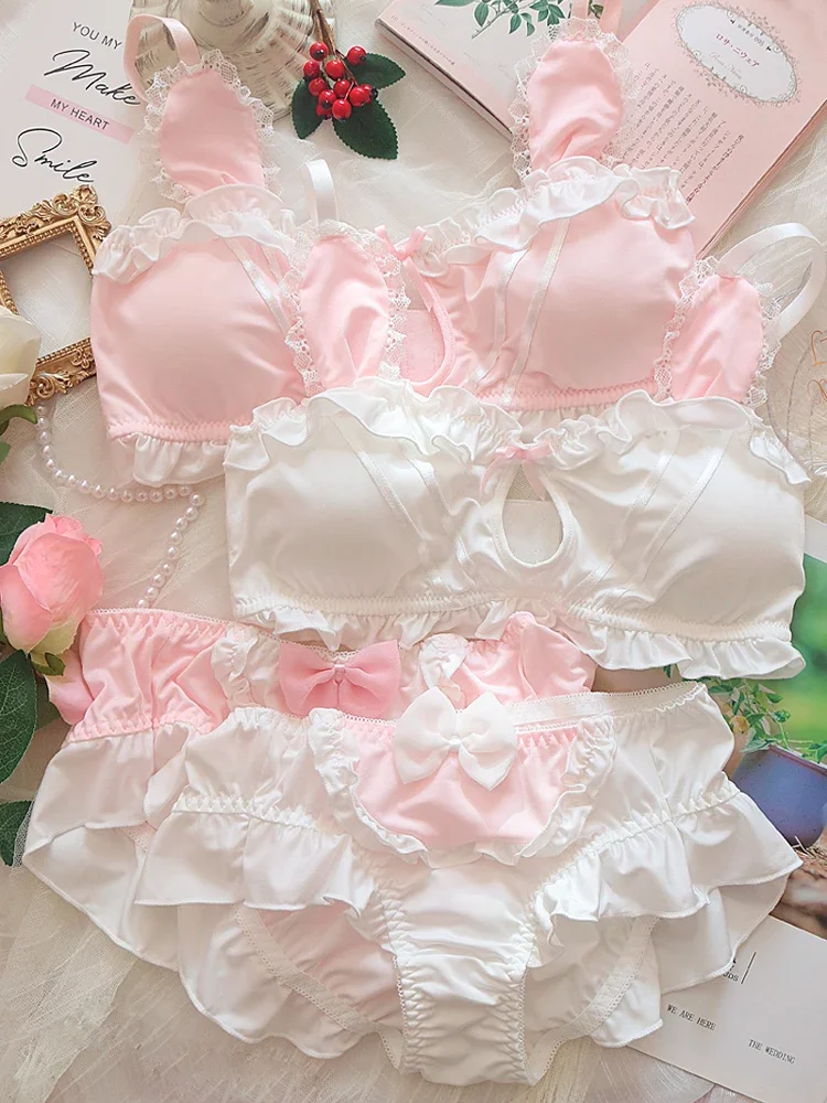 

Japanese Lovely Sweet Rabbit Lolita Push Up Underwire Bra & Panties Maiden Rabbit Ear Ruffles Lingerie Set Young Underwear Set