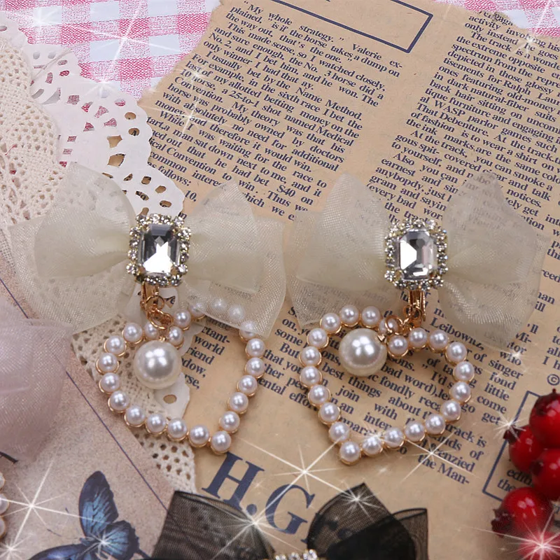 Pendientes de accesorios Lolita de estilo veraniego con Clips para sin perforación, pendientes hechos a mano con lazo suave, agujas de plata Larme Kei