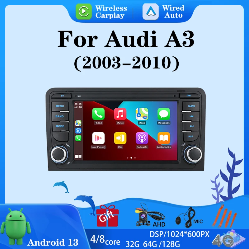 راديو تلقائي 7 بوصة Android13 لأودي A3 8P 2003-2010 S3 RS3 Carplay سيارة الوسائط المتعددة RDS WIFI GPS 2din Autoradio AI صوت 8 النوى