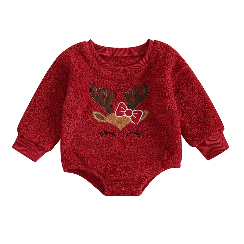 

Baby Girl Christmas Fleece Jumpsuit Elk Embroidered Round Neck Long Sleeve Romper Adorable Bodysuits