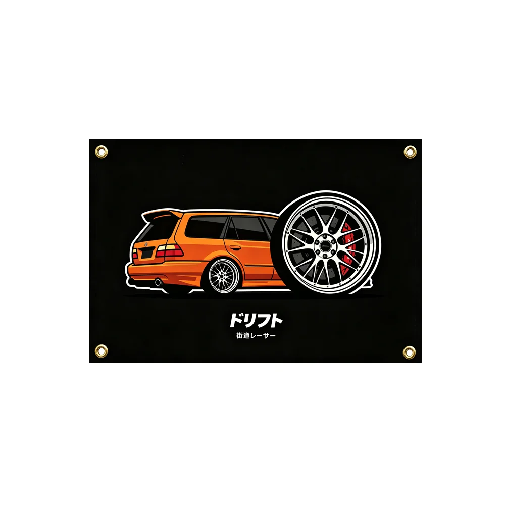 2x3ft 3x5ft JDM Style Orange Drift Wagon Banner Modified Station Wagon Alloy Wheel Graphic Polyester Flag Wall Hanging Decor