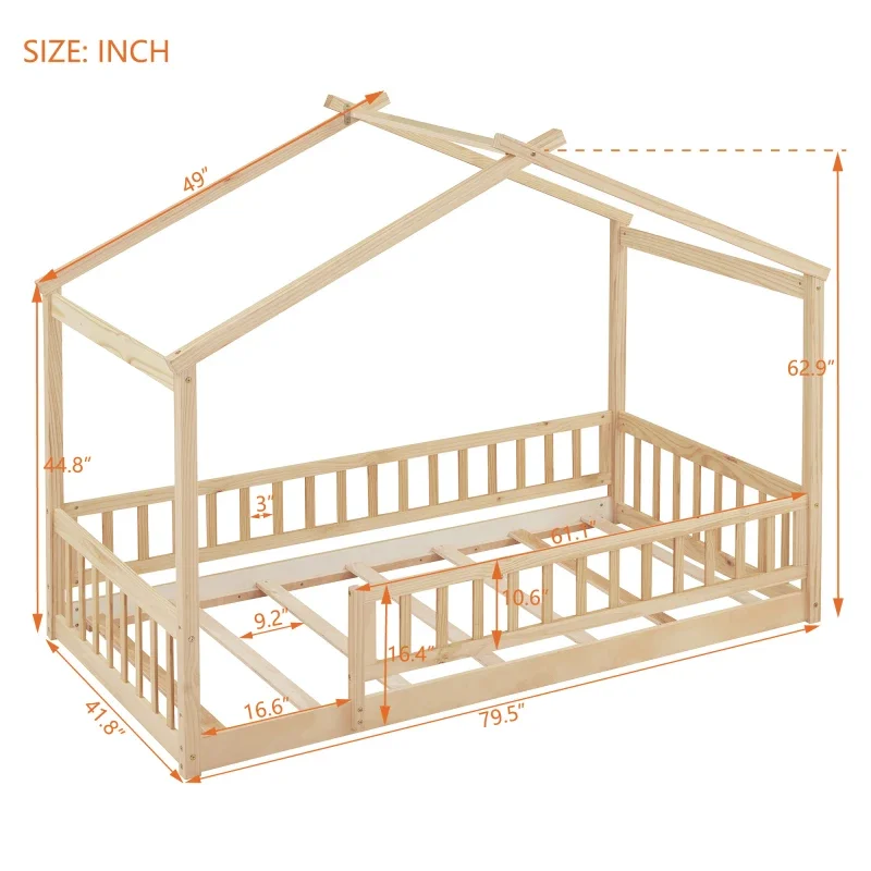 Casa de madeira natural com cerca, tamanho duplo, cama casa para crianças, adolescentes, meninas, meninos