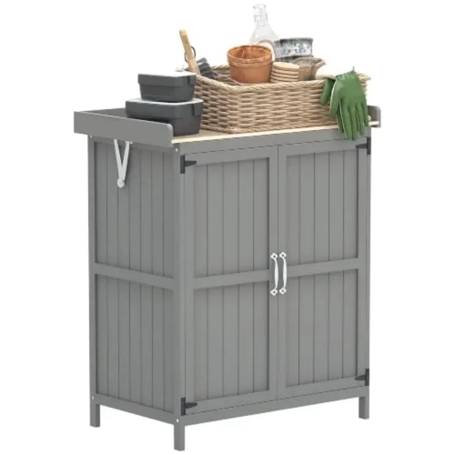 Outdoor Storage Cabinet with Metal Tabletop Shelf in Gray for Durable Weather-resistant Organization