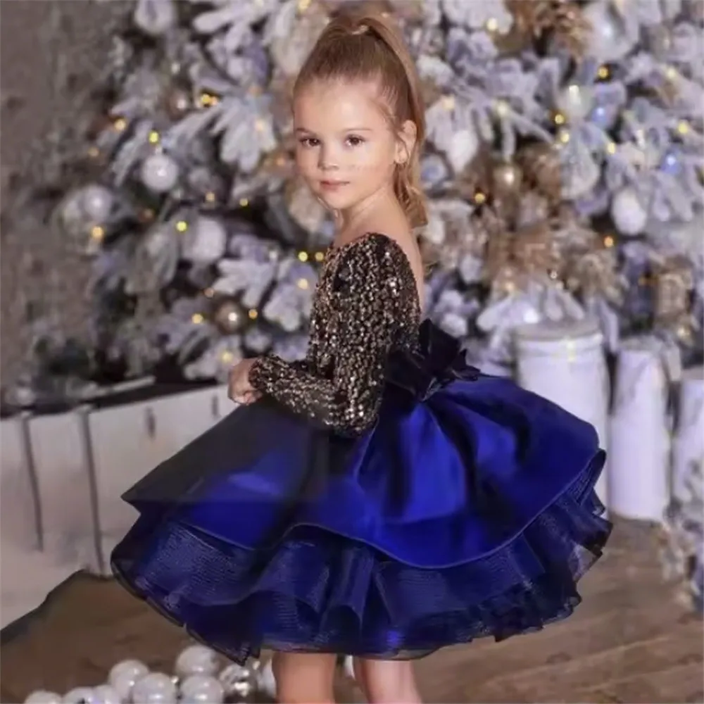 

Lovely Little Princess Flower Girl Wedding Dress Fluffy Gold Applique Sequins Bow Princess Birthday Kids Evening Party Ball Gown