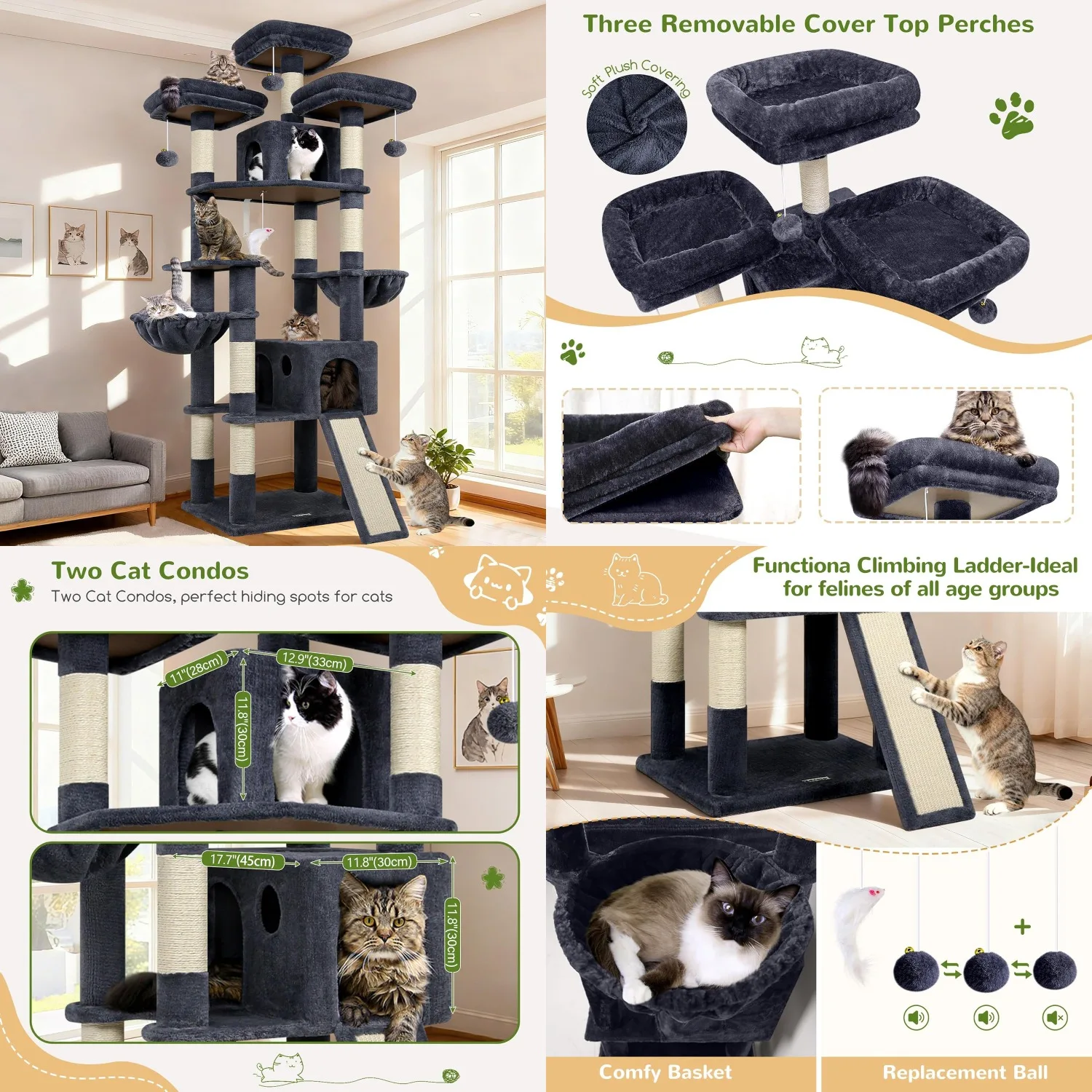 

Многоуровневый большой кошачий комплекс 83'' для домашних кошек с сизалевой когтеточкой, гамаком и 2 домиками, F83D, темно-серый, на заказ