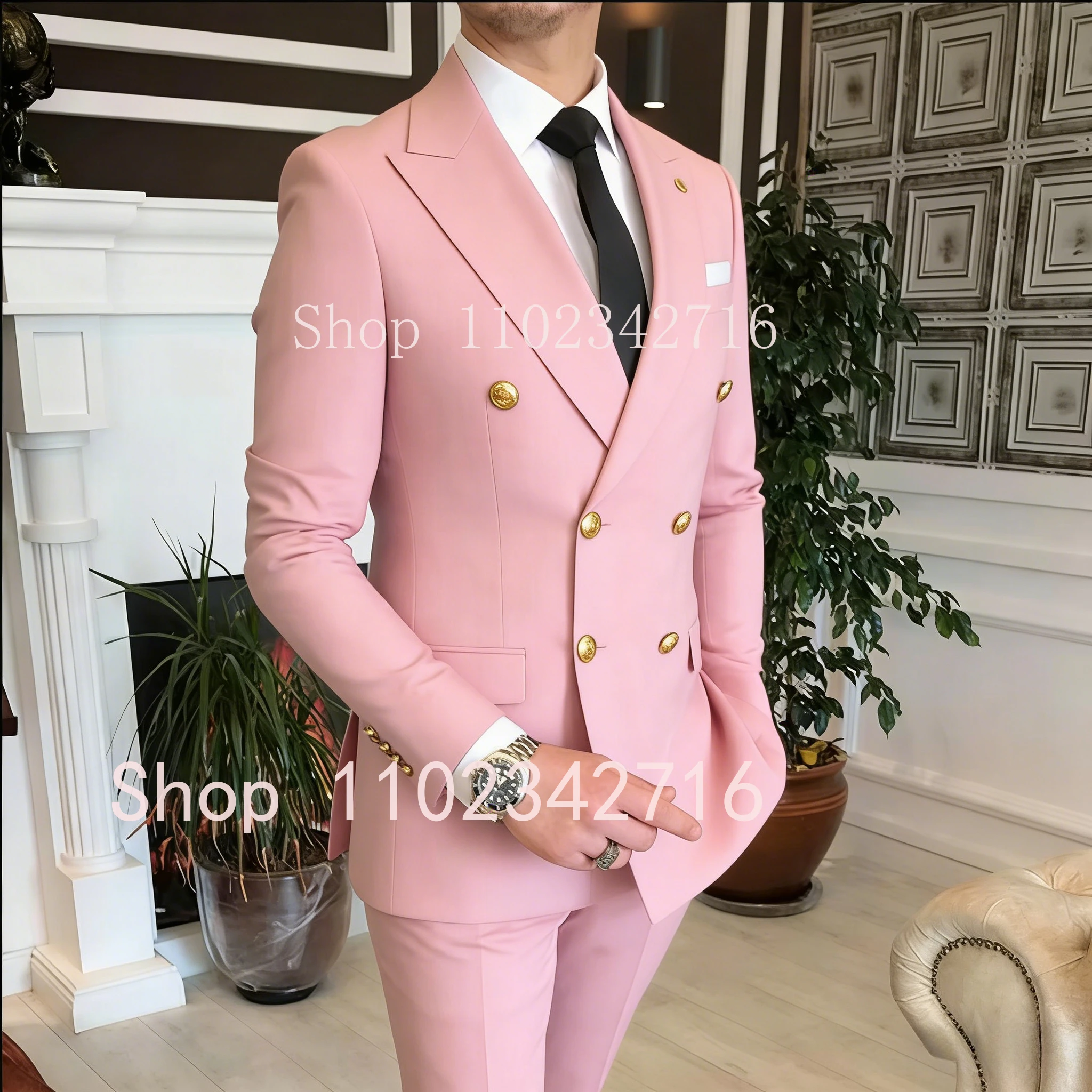 Double Breasted Men Suits with Peaked Lapel Slim Fit 2 Piece Groomsmen Wedding Tuxedo Male Fashion Prom Costume Jacket Pants Set - Image 5