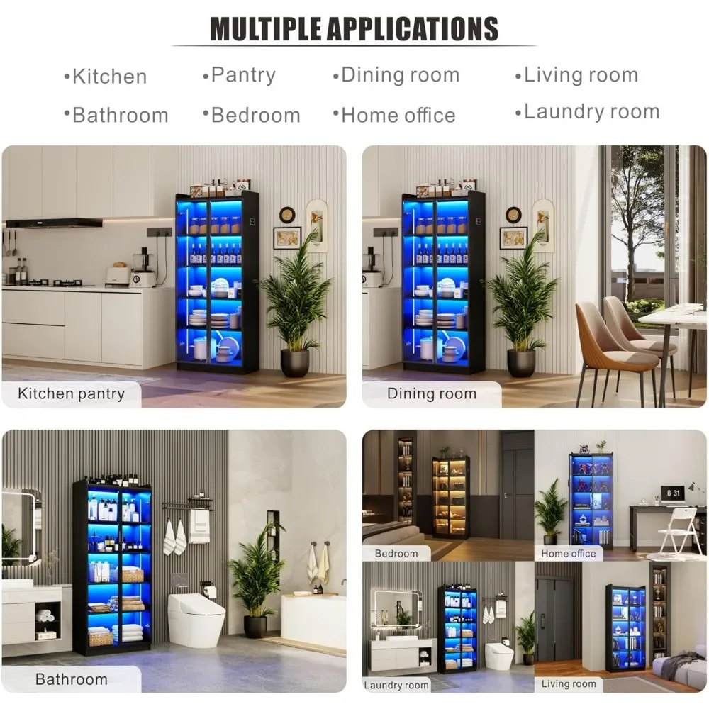 Display Cabinet with Doors and Adjustable Shelves, 65" Tall Bookcase with Metal Handle/Human Sensor, 5 Tier Display Case