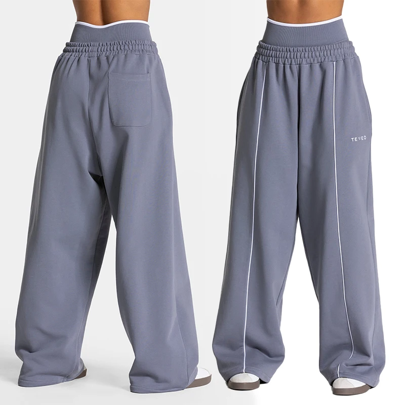 Pantalon de jogging TEVEO pour femme, taille basse, ceinturé, coupe droite, couleur unie, décontracté, pour la gym, avec plusieurs poches, pantalon de travail à jambes larges
