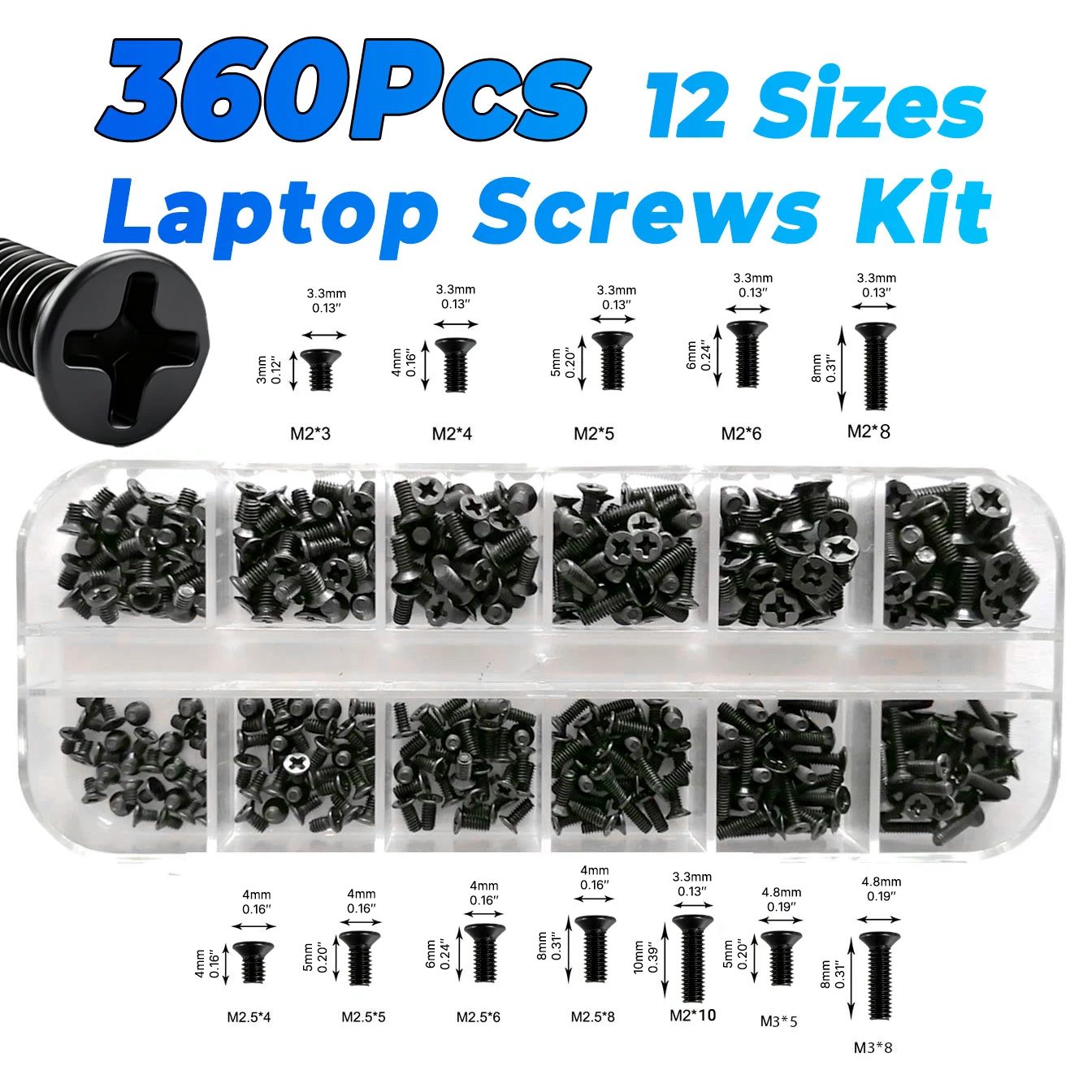 360-teiliges Laptop-Schraubenset, 12 Größen, M2 M2,5 M3, für Lenovo Dell HP Acer ASUS IBM SATA SSD M.2 HDD-Festplattenlaufwerk, Reparatur, Schwarz