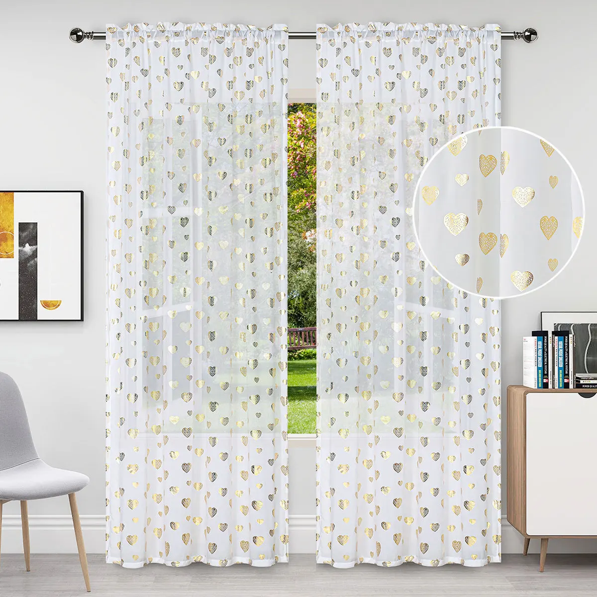 Golden Heart Print Sheer Curtains for Living Room Semi-Sheer Voile Window Drapes Cute & Minimalist Style Soft Light Filtering