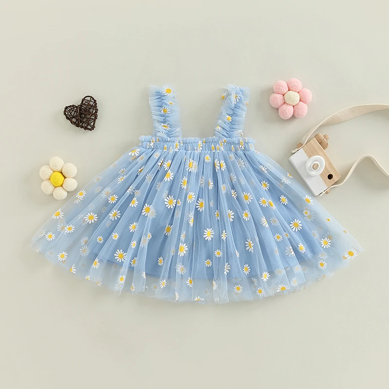 Toddler Kids Girl Summer Sling Dress Sleeveless Daisy Print A-line Tulle Princess Dresses For Girls Party Beach Holiday Clothing