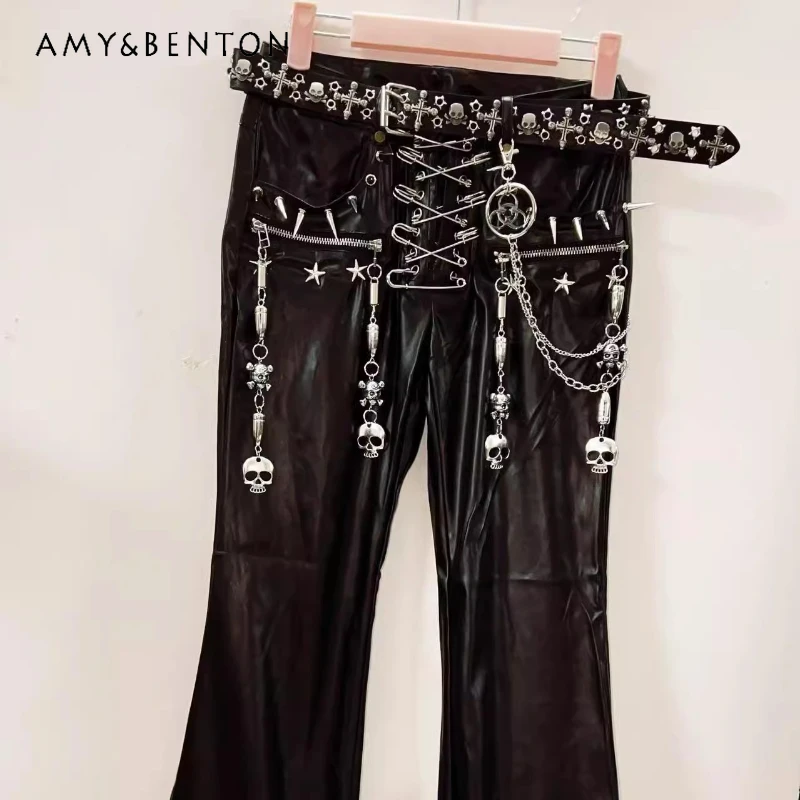 

Gothic Dark Furry Splicing PU Women's Trousers Original Spring Autumn Loose Slimming Versatile Sweet Cool Long Pants for Women