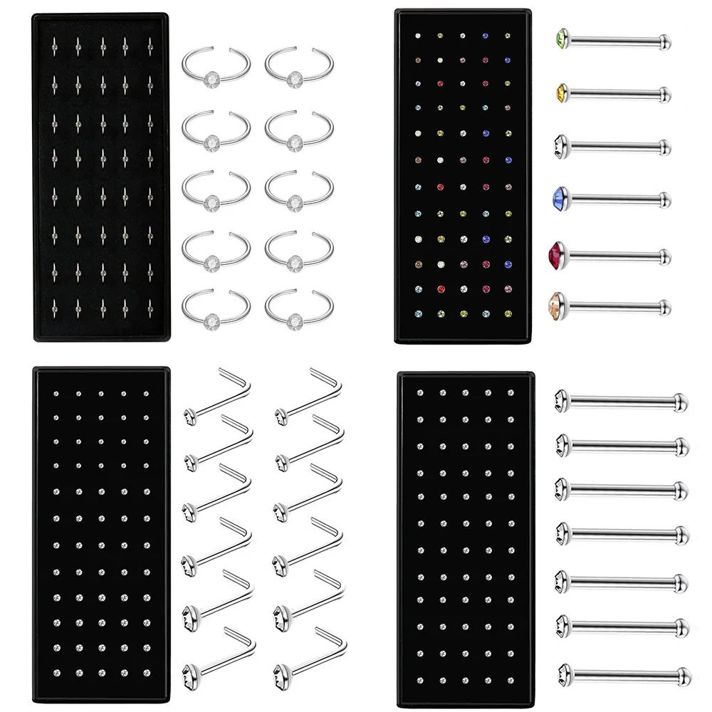 Kit de Piercing de Nariz em Aço Inoxidável com Cristais (40/60 Peças) - Argolas Retas e em L, Titânio, Joias Corporais Hélice e Piercings Stud