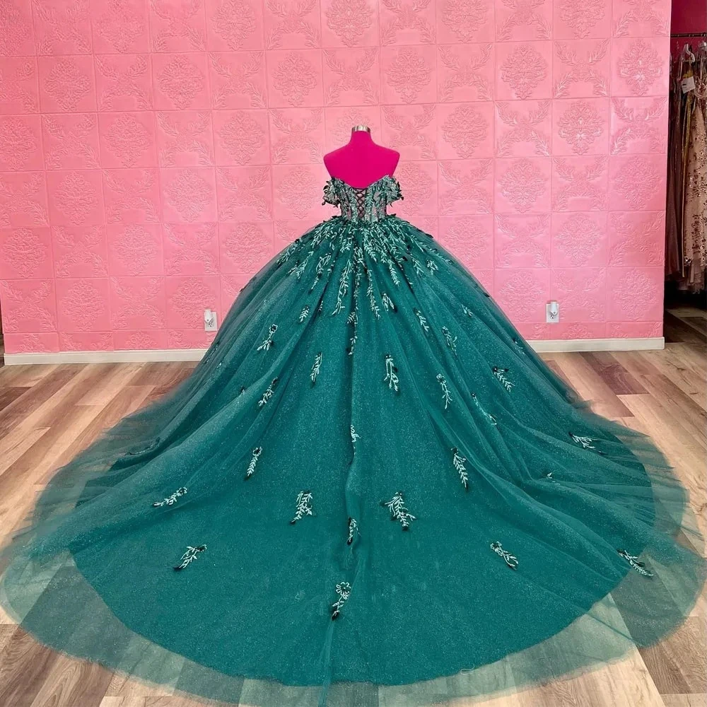 Vestidos de quinceañera verde esmeralda, vestido de baile, hombros descubiertos, apliques de tul, dulce mexicano, 16, 15 años