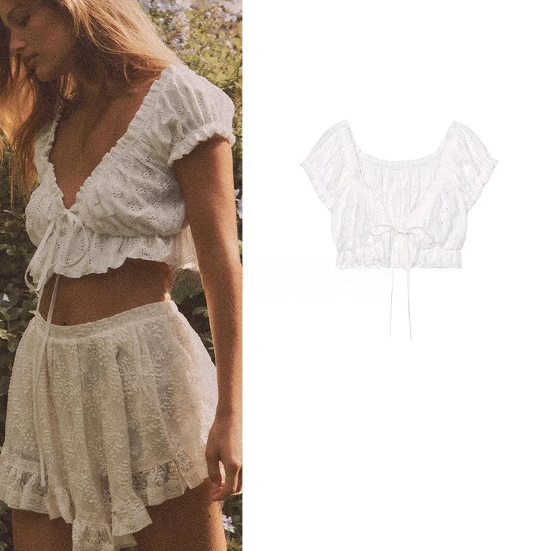 

Summer Women's Faion ort Sve V-ne Pleated Decoration Knot Belted Sweet Sle Polyester Fiber irt