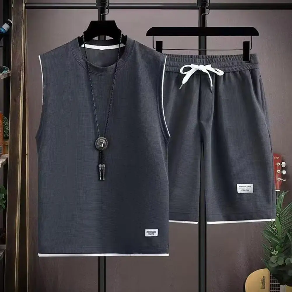 

Мужская Летняя Повседневная одежда, жилет без рукавов, широкие шорты с завязкой на талии, вафельная текстура, для спорта