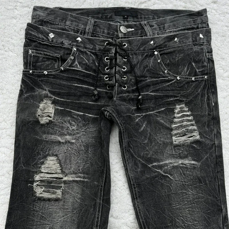 Fashionable High Street Double Waisted Lace up micro Flared Women Jeans Y2K Retro Harajuku Washed Design for Men and Women Jeans