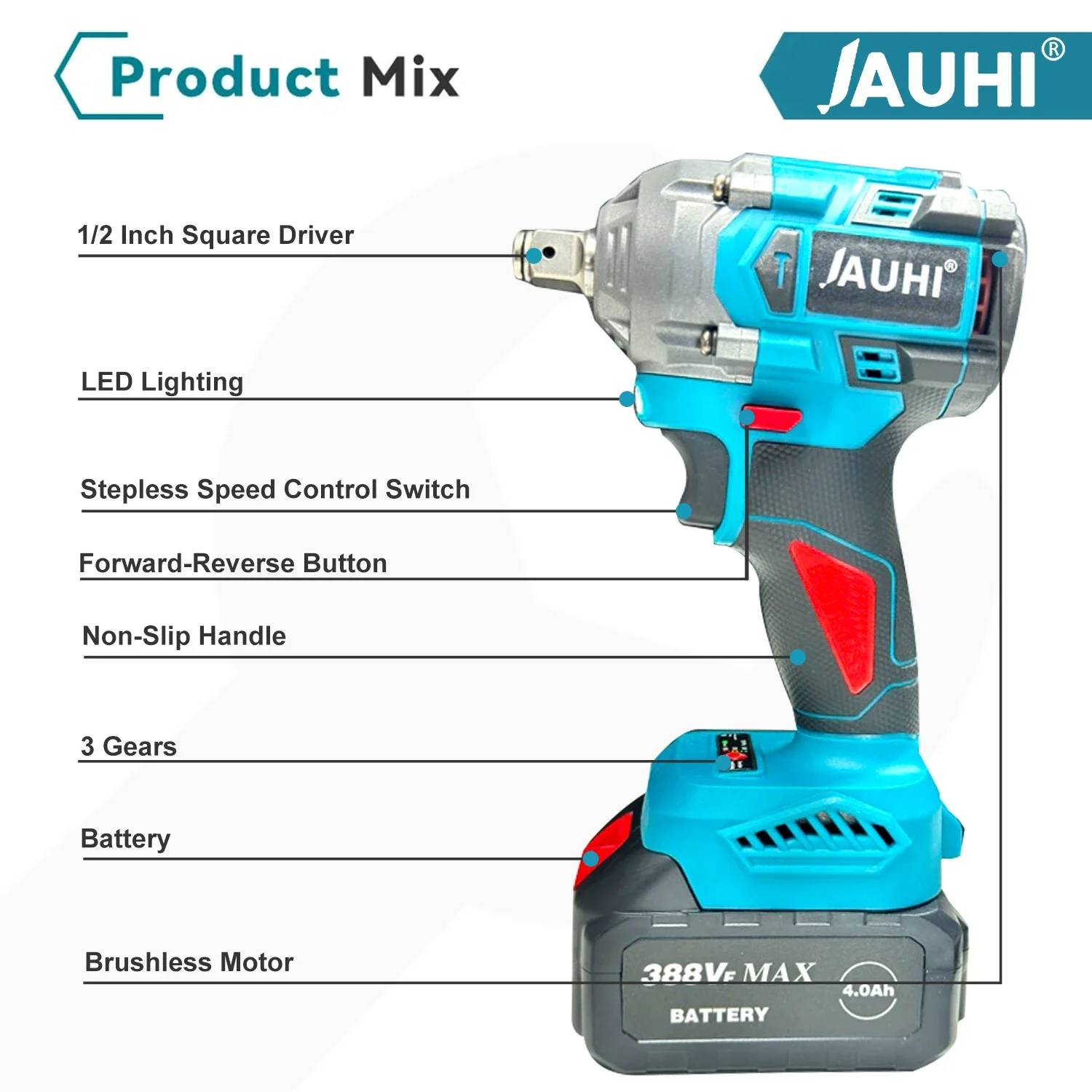 JAUHI 1/2 inch 1000N.M Torque Brushless Electric Impact Wrench Battery Cordless Wrench Power Tools For Makita 18V Battery