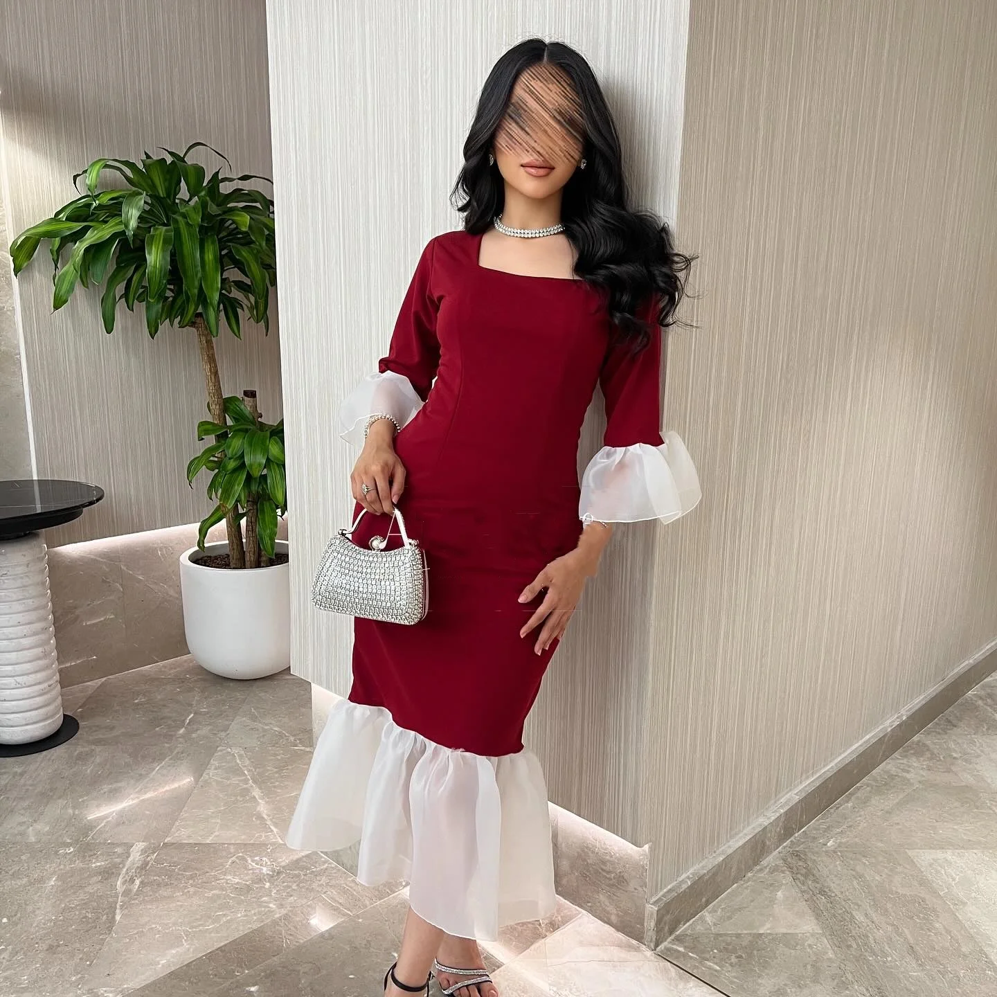 Customized Sizes Available Modern Style Jersey Pleat Ruched Mermaid Square Neck Midi Dresses Bespoke Occasion Dresses Simple