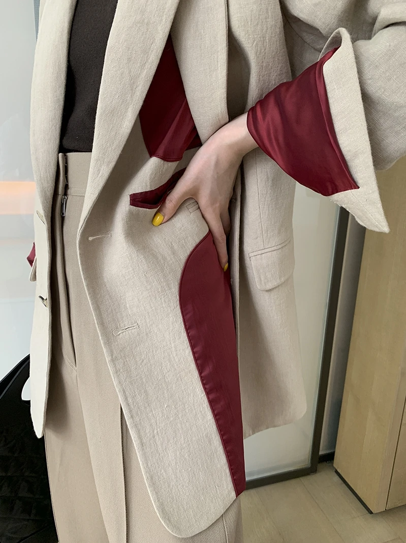 A-Bow Studios レディース ダブルブレスト 6ポケット 二重構造 リネンウォッシュ加工 スーツ 2色展開 秋コレクション
