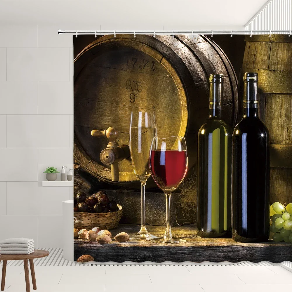 Wooden Wine Barrel Printed Shower Curtain Old Retro Wood Grain Red Wine Glass Bath Curtains with Hooks Bathroom Bathtub Decor
