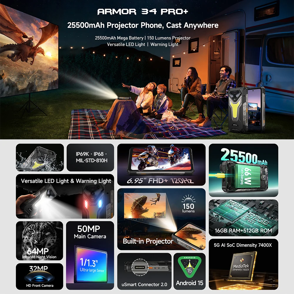 Ulefone Armor 34 Pro+ 5G Защищенный смартфон с ИИ, 32 ГБ+512 ГБ, 25500 мАч, встроенный проектор, 120 Гц, 6.95 дюйма, NFC, глобальная версия Ulefone Armor 34 Pro+ 5G Защищенный смартфон с ИИ, 32 ГБ+512 ГБ, 25500 мАч, встроенный проектор, 120 Гц, 6.95 дюйма, NFC, глобальная версия