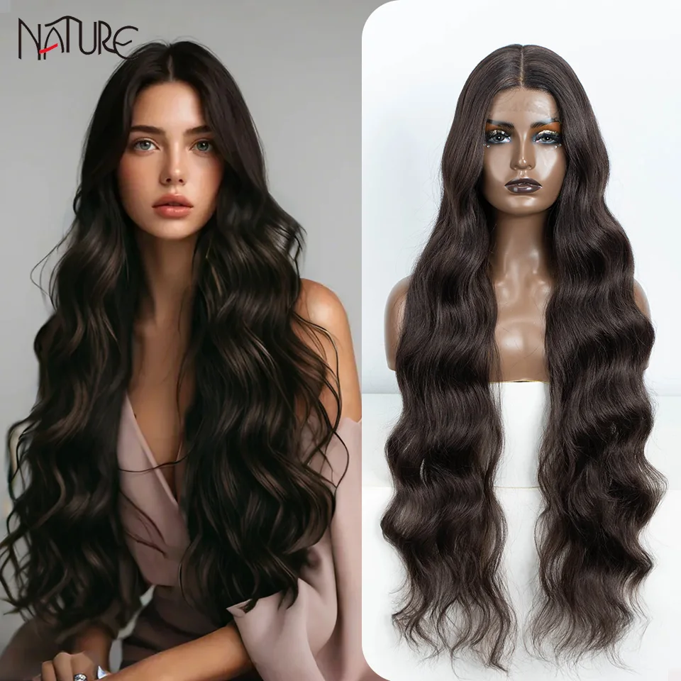 NATURE Synthetic Lace Front Wig 36 Inch Long Body Wave Lace Wigs For Black Women Ombre Brown Blonde Highlight Cosplay Wigs