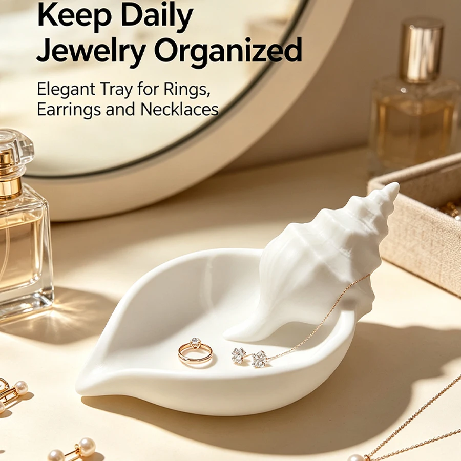 Matte White Conch-Shaped Jewelry Display Tray, 3D Spiral Shell Design Jewelry Storage Dish, Ring Earring Necklace Storage Rack, Smooth and Soft Matte Surface, Dressing Table Bedside Table Entryway Tabletop Small Jewelry Storage Tray, Nordic Simple and Elegant Decorative Tray, Bathroom Countertop Miscellaneous Storage Dish, Daily Necessities Tray, Home Bedroom Decorative Piece, Exquisite Gift for Women, Holiday Birthday Gift, Trendy Popular Home Storage Item