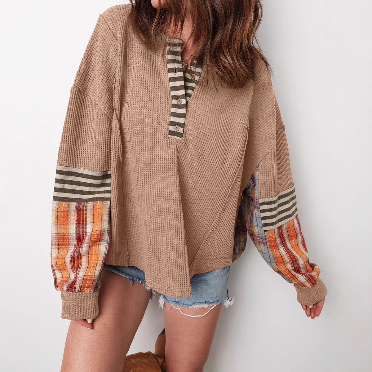 2025 Autumn Winter Fashion Patchwork Plaid Loose Casual Sweatshirts Women Full Sleeve Buttons Versatile Hipster Street Pullovers