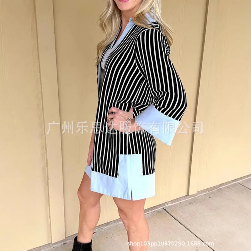 Fashionable Blue Collar Striped Patchwork Shirt Dress, Summer Fashion Casual Lapel Seven Quarter Sleeved Shirt Dress For Women