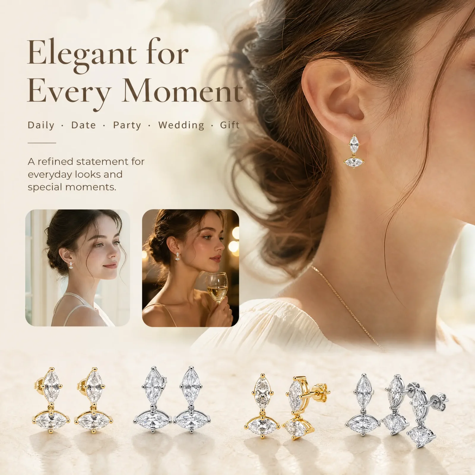 Moonmory Minimalistisches, einzigartiges Design, doppelte Marquise-Ohrstecker für Damen, 5A Kubikzirkonia, 5x10mm, 14k doppelt vergoldet – Detail 2