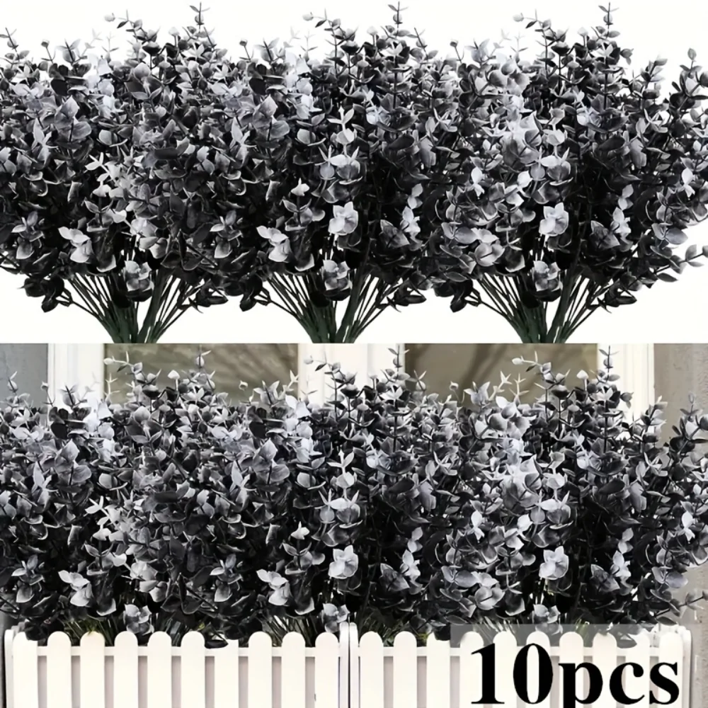 

4/10 pieces of black artificial flowers, fake outdoor UV resistant plants, fake plastic green shrubs, indoor and outdoor hanging