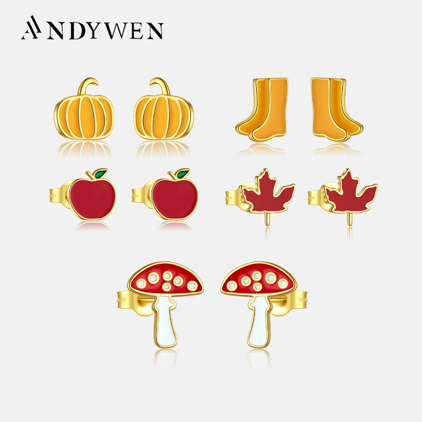 ANDYWEN 925 Sterling Silver Gold Low Price Mushroom Pumpkin Maple Leaf Apple Stud Earring Piercing Clips Clearance Sales