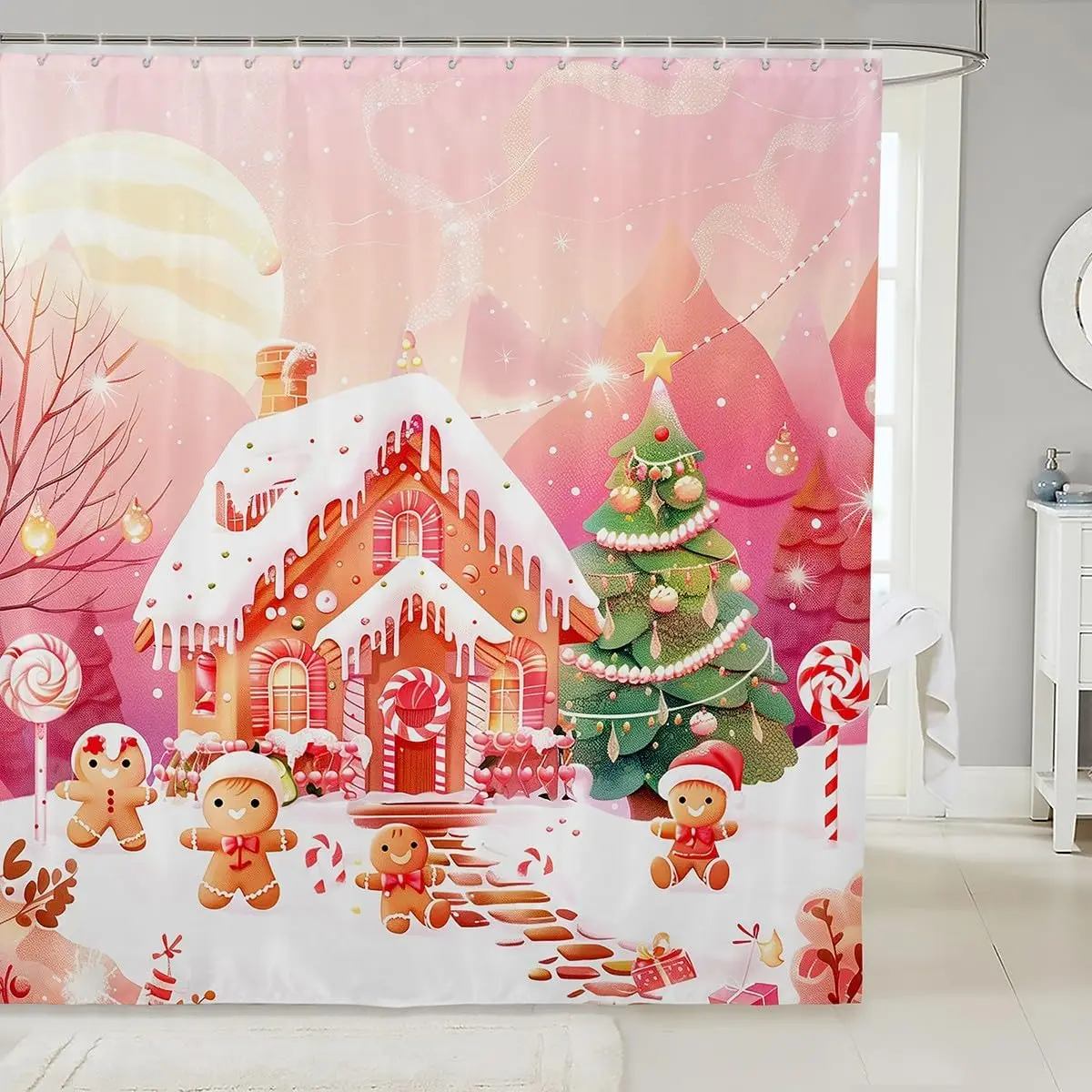

Christmas Gingerbread House Shower Curtain with Xmas Tree Snowflake Pattern, Waterproof Winter Bathroom Decor for Holiday Season